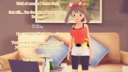  altered_common_sense ash_ketchum blue_eyes brown_hair clothed couch dialogue english_text femsub maledom may mustardsauce pillow pokemon pokemon_(anime) text 
