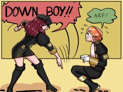 brown_eyes brown_hair clothed dialogue dorothea_arnault english_text femdom ferdinand_von_aegir fire_emblem fire_emblem_three_houses green_eyes hat long_hair malesub meme mnejing nintendo orange_hair pet_play shoes short_hair speech_bubble sweat tagme text
