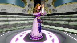  3d biliocho blonde_hair crown earrings elf_ears empty_eyes expressionless female_only femsub flame gloves hypnotic_fire jewelry long_hair magic nintendo ocarina_of_time opera_gloves princess princess_zelda self_hypnosis solo the_legend_of_zelda 