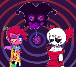 bare_shoulders bow choker cleavage collar collarbone confused earrings eyebrows_visible_through_hair femdom femsub gangle_(the_amazing_digital_circus) hair_ornament happy_trance hypnoscream jester multicolored_eyes multiple_subs non-binary_sub pendulum personification pomni red_hair ribbon ring_background simple_background skirt spiralwash_eyes standing_at_attention the_amazing_digital_circus white_hair white_skin wide_hips wings zooble