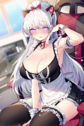 bell_collar blush breasts cat_ears cleavage collar female_only femsub garter_straps glowing glowing_eyes huge_breasts long_hair looking_at_viewer maid maid_headdress manip mendou_kusai misterman4_(manipper) open_mouth original silver_hair spiral_eyes symbol_in_eyes tagme thighhighs