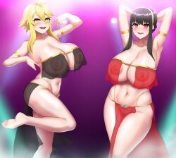  absurdres akame_ga_kill! bangs barefoot black_hair blonde_hair breasts dancing dantesward female_only femsub happy_trance harem_outfit huge_breasts leone multiple_girls multiple_subs navel necklace nipples open_mouth see-through short_hair spiral_eyes spy_x_family symbol_in_eyes yor_briar 