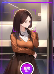  aware brown_hair clothed confused female_only hypnotic_accessory hypnotic_app phone pikumario 