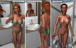  3d abs altered_common_sense ass bottomless bra breasts character_request cleavage collarbone comic dialogue erect_nipples euel female_only femsub green_eyes happy_trance huge_breasts navel nude orange_hair original panties short_hair solo text topless underwear undressing wet 