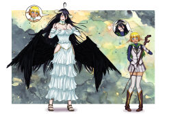 absurdres ahoge albedo_(overlord) black_hair blonde_hair blush body_swap boots border breasts cleavage cloak clothed demon_girl dress elf elf_ears femboy femsub horns large_breasts malesub mare_bello_fiore overlord sandals skirt staff succubus surprised thighhighs umbra_callistis wings