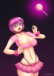 bimbofication breasts cleavage collar female_only femsub glasses glowing gradient_background hadant large_breasts lipstick makeup midriff navel open_mouth pink_hair scooby-doo_(series) short_hair short_skirt signature simple_background skirt solo spiral transformation underwear velma_dinkley watermark