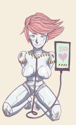 arms_behind_back blue_eyes blush breasts gguy123 happy_trance heart heart_eyes kneeling large_breasts red_hair robot robot_girl symbol_in_eyes tech_control
