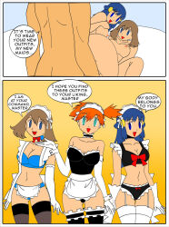  blue_hair bottomless breasts brock brown_hair comic dawn dialogue empty_eyes femsub happy_trance jimryu large_breasts long_hair maid maid_headdress maledom may misty nintendo nude panties pokemon pokemon_(anime) red_hair short_hair standing standing_at_attention text thighhighs topless underwear 