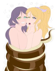  blonde_hair bondage bottomless breast_press breasts coils disney eli_ayase femsub happy_trance hypnotic_eyes kaa kaa_eyes large_breasts love_live! love_live!_school_idol_project multiple_girls multiple_subs nozomi_toujou nude plsgts purple_hair simple_background snake symmetrical_docking the_jungle_book topless white_background 