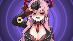 animated bangs blue_archive bouncing_breasts breasts brown_eyes coin fangs female_only femdom gloves golmonggu halo horns huge_breasts long_hair looking_at_viewer mole open_mouth pendulum pink_hair pov pov_sub satsuki_(blue_archive) smile solo spiral_background tie video