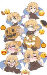  ahegao armor before_and_after blonde_hair blue_eyes blush comic cum cum_on_face double_v emoji eye_roll femsub gloves glowing happy_trance heart heart_eyes hypnotic_accessory hypnotic_light igawa_sakura kissing multiple_views open_mouth pumpkin short_hair smile surprised sweat taimanin_(series) taimanin_asagi tongue tongue_out v wrato 
