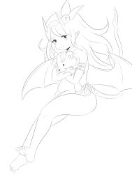 alternate_costume bare_legs bare_shoulders barefoot blush crossed_arms cygames dragalia_lost dress eldritch elf_ears feet femsub floating happy_trance horns lathna legs monochrome nintendo nyarlathotep possession purple_eyes simple_background smile stuffed_animal tail very_long_hair white_background wings zeniselv
