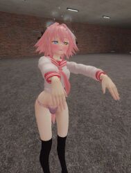  3d androgynous astolfo_(fate/grand_order) breasts bulge dazed drool fate/apocrypha fate_(series) gmod kaa_eyes large_breasts male_only malesub open_mouth panties pink_hair thighhighs trap underwear zombie_walk 