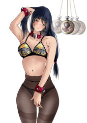  bare_shoulders black_hair blue_eyes blush bra breasts cleavage collar covering female_only femsub hair_ornament handcuffs large_breasts long_hair midriff navel original panties pantyhose pendulum scheherazade simple_background solo thigh_gap thighs undressing white_background 