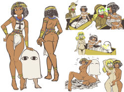 ass barefoot black_hair blonde_hair bottomless breasts coffin dark_skin egyptian female_only femdom femsub glasses glowing glowing_eyes green_eyes happy_trance hat hypnotic_eyes majinsfw multiple_girls multiple_views mummy nude open_mouth original pussy short_hair topless twintails white_background yuri