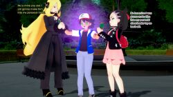  3d ash_ketchum black_hair blonde_hair cynthia femdom long_hair malesub marnie_(pokemon) nintendo pokemon short_hair sonrio12 text 