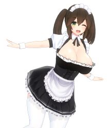  3d absurdres before_and_after breasts brown_hair cleavage clothed clothed_exposure cuffs custom_maid_3d_2 dress female_only femsub green_eyes huge_breasts maid minami nipples simple_background smile solo thighhighs twintails white_background wink 