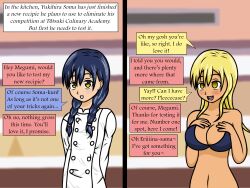  before_and_after bimbofication blonde_hair blue_hair blush breast_expansion breasts chef_uniform cleavage comic drool empty_eyes female_only femsub food_wars! happy_trance httpwwwcom hypnotic_food large_breasts long_hair megumi_tadokoro open_mouth original tan_skin text 