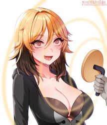  black_hair blonde_hair bra breasts cleavage drool erika_(er-ikaa) female_only femsub happy_trance hypno_beam large_breasts multicolored_hair newmoonshira open_mouth original short_hair spiral_eyes tech_control text watermark white_background 