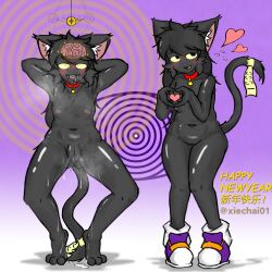  ahegao armpits arms_above_head before_and_after brain brain_drain cat_ears cat_girl collar dark_skin drool female_only femsub furry handsfree_ejaculation happy_trance meo_(xiechai01) nipples nude original pendulum pussy pussy_juice spiral spread_legs tagme text xiechai01 yellow_sclera 