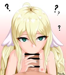  absurdres ahoge blonde_hair breasts censored collarbone confused empty_eyes erection fairy_tail fellatio femsub gradient_background green_eyes hoonter long_hair maledom mavis_vermillion nail_polish nipples nude oral penis sex signature simple_background small_breasts topless trembling veins 