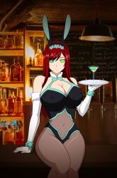  absurdres breasts bunny_ears bunnysuit erza_scarlet fairy_tail fake_animal_ears female_only femsub gloves happy_trance hypnotic_drink jimryu kaa_eyes large_breasts long_hair opera_gloves red_hair smile tray waitress 
