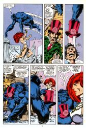  bare_legs bare_shoulders breasts comic dazed empty_eyes expressionless femsub hat high_heels large_breasts long_hair maledom marvel_comics muscle_boy official red_hair she-hulk super_hero text top_hat trance_break western 