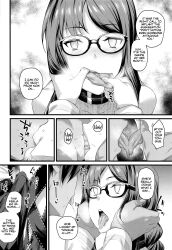  blush brown_hair choker comic consort_yu doll dress drool empty_eyes fate/grand_order fate_(series) femsub finger_in_mouth finger_to_mouth french_kiss glasses greyscale hard_translated hypnotic_app kissing kneeling maledom monochrome open_mouth rama red_eyes ritsuka_fujimaru tech_control text tongue tongue_out translated very_long_hair 