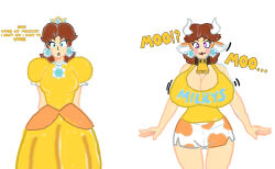 blue_eyes breast_expansion brown_hair cameltoe clothed collar color cow_girl cow_print cowbell earrings horns kobi94 manip pink_eyes princess_daisy super_mario_bros. text white_background white_skin