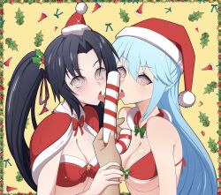 aqua_(konosuba) black_hair blue_hair bow candy_cane christmas cleavage femsub goddess hair_ornament hair_ribbon high_school_dxd kdtwifi kono_subarashii_sekai_ni_shukufuku_wo! licking long_hair looking_at_viewer maledom multiple_girls multiple_subs open_mouth rubyred_(va) santa_hat serafall_leviathan simple_background sound spiral_eyes tongue tongue_out twintails video voice_acted