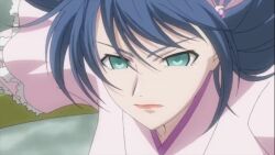 blue_hair empty_eyes expressionless female_only green_eyes kimono lipstick screenshot spoilers takane_shishido the_girl_who_leapt_through_space yamato_nadeshiko