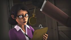  3d animated animated_gif black_hair breasts clothed dazed eh expressionless femsub glasses green_eyes large_breasts maledom miss_pauling_(team_fortress_2) open_mouth pendulum pocket_watch short_hair source_filmmaker spy_(team_fortress_2) team_fortress_2 