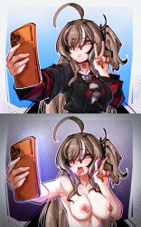  ahoge armpits before_and_after blush border breasts brown_eyes brown_hair choker collarbone confused drool empty_eyes erect_nipples glowing hair_covering_one_eye hololive hololive_english hypnotic_screen large_breasts long_hair mumei_nanashi nipples nude open_mouth phone selfie shirt spiral_eyes sweat symbol_in_eyes tech_control tongue tongue_out v virtual_youtuber yutakke 