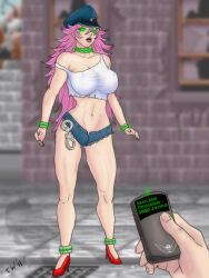  bare_legs breasts capcom collar drool female_only femsub glowing glowing_eyes high_heels huge_breasts jean_shorts long_hair pink_hair poison remote_control street_fighter tank_top tech_control transfem transgender_identity trishbot 