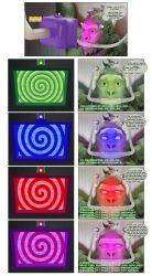  absurdres beast_boy before_and_after brain_drain comic dc_comics furry gorilla_boy gulpdraggle himbofication hypnotic_screen male_only malesub resisting restrained spiral spiral_eyes spiralwash_eyes symbol_in_eyes teen_titans text topless 