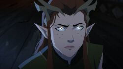  critical_role dungeons_and_dragons elf elf_ears eye_color_change femsub freckles glowing_eyes horns keyleth maledom official possession red_hair screenshot 