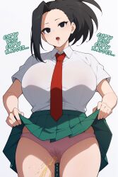  ai_art black_eyes black_hair drool empty_eyes expressionless female_only femsub huge_breasts looking_at_viewer maledom manip mantra minimimic_(generator) minimimic_(manipper) momo_yaoyorozu my_hero_academia open_mouth panties ponytail school_uniform simple_background skirt skirt_lift stable_diffusion_(ai) text tie urination white_background 