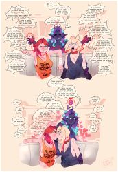 absurdres bandage before_and_after blonde_hair collar convenient_censoring couch dialogue drool earrings erect_nipples femdom femsub freckles glasses heart_eyes humor kissing large_breasts lena_(pupsoph) magic nyra_(pupsoph) original pupsoph purple_hair purple_skin red_hair scars simple_background sophia_(pupsoph) tagme tank_top thought_bubble yuri