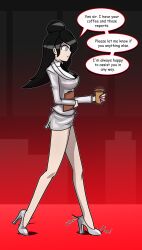  black_hair clothed english_text expressionless female_only femsub forced_employee high_heels hy2300 lipstick nail_polish office_lady short_skirt simple_background speech_bubble spiral_eyes text tie 