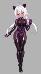  ahoge animal_ears bodysuit boots budesonide collar cuffs dark_skin empty_eyes erect_nipples erect_nipples_under_clothes fake_animal_ears fangs female_only femsub grey_background latex original pink_eyes rubber simple_background small_breasts smile solo standing twintails white_hair 