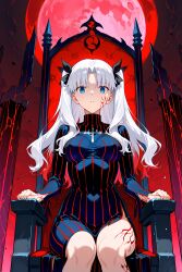 ai_art angra_mainyu blue_eyes body_markings breasts chair chenwenjia_(generator) clothed corruption cosplay dark_sakura expressionless facial_markings fate/stay_night fate/stay_night_heaven's_feel fate_(series) femsub hair_color_change long_hair looking_at_viewer possession rin_tohsaka sitting white_hair