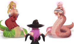  blonde_hair breasts ereme_(bobbette) erobread female_only femdom femsub large_breasts lostinspirals lydia_reicanor_(aidanmash) magic multiple_subs naga_girl open_mouth original pink_hair shrine_maiden snake_girl spiral_eyes symbol_in_eyes undressing witch witch_hat 