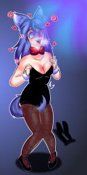  absurdres animal_ears blue_eyes blue_hair bunnysuit cleavage crotch_rub cuffs drool fishnets fox_girl heart icydoesnsfw masturbation open_mouth original panting tail tongue tongue_out 
