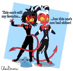 black_hair blue_background blue_eyes body_markings bow_tie chieri_(chieribounce) chieribounce closed_eyes clothed demon demon_boy demon_girl dialogue english_text eye_color_change femdom femsub fingerless_gloves gloves heart heart_tattoo helluva_boss horns husband_and_wife long_hair looking_back malesub millie_(helluva_boss) moxxie_(helluva_boss) open_mouth original pants possession red_skin short_hair simple_background slime standing suit tail tattoo text torn_clothes white_hair yellow_sclera