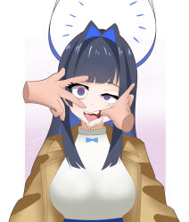  absurdres breasts drool eye_roll female_only finger_in_mouth hololive hololive_english hypnotic_eyes kronii_ouro kronobas28 pov simple_background tongue tongue_out virtual_youtuber 