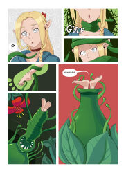  blonde_hair comic delicious_in_dungeon elf elf_ears feet femsub foot_focus glatu green_eyes marcille_donato plant spiral_eyes surprised tentacles text tickling vore 