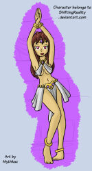 anklet arms_above_head bracelet breasts brown_hair dancing empty_eyes female_only femsub happy_trance harem_outfit headband jewelry kara_(shiftingreality) large_breasts loincloth long_hair mythkaz pink_eyes smile solo text