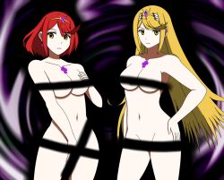 blonde_hair bottomless breasts censored cleavage corruption crown earrings expressionless female_only femsub holding_breasts jewelry kingdom_hearts large_breasts long_hair maledom midriff multiple_subs mythra_(xenoblade) navel nintendo nude possession pyra_(xenoblade) red_hair sendy1992 short_hair sisters standing topless xehanort xeno xenoblade_chronicles xenoblade_chronicles_2 yellow_eyes