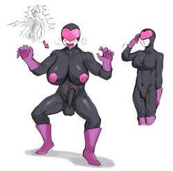  blush bodysuit boots breast_expansion breasts breath clothed erection erection_under_clothes gloves happy_trance large_breasts male_only malesub original redmantis saluting simple_background standing standing_at_attention tongue tongue_out transformation white_background 