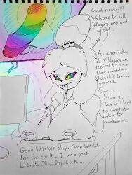  absurdres animal_crossing assertive_sub comic dialogue dog_girl drool femsub furry glowing good_sub_conditioning hair_ornament huge_breasts hypnotic_penis hypnotic_screen hypnotized_assistant isabelle_(animal_crossing) lactation long_hair microphone milk nintendo nipples rainbow_eyes ring_eyes secret_pony_guy sitting smile spiral_eyes table tech_control text tongue tongue_out topless 